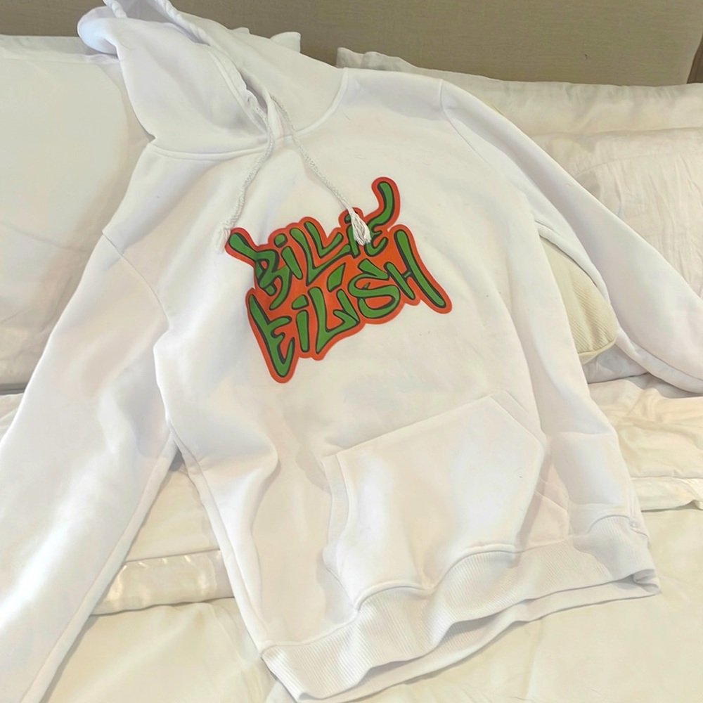 Billie Eilish Sweatshirt, M/8, white with hoodie and front pocket.